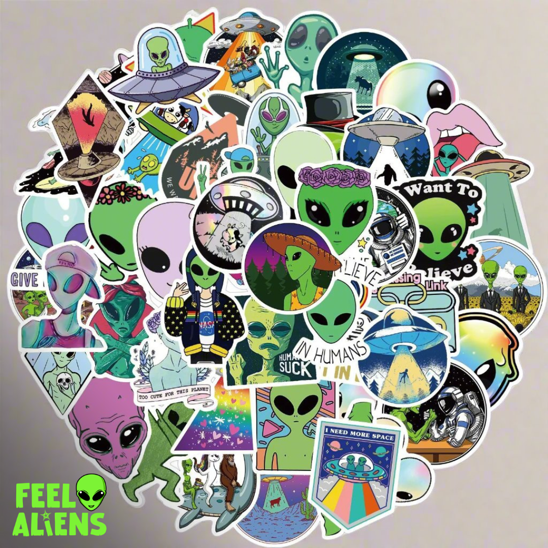 50 Alien UFO Stickers: Waterproof, No Glue Residue, For All
