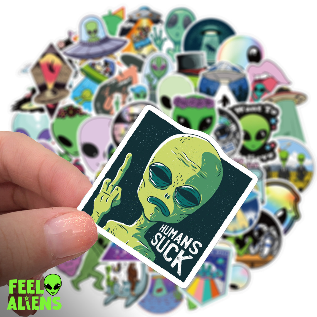 50 Alien UFO Stickers: Waterproof, No Glue Residue, For All