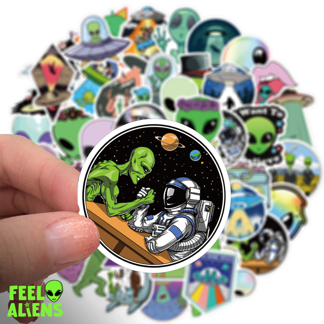 50 Alien UFO Stickers: Waterproof, No Glue Residue, For All