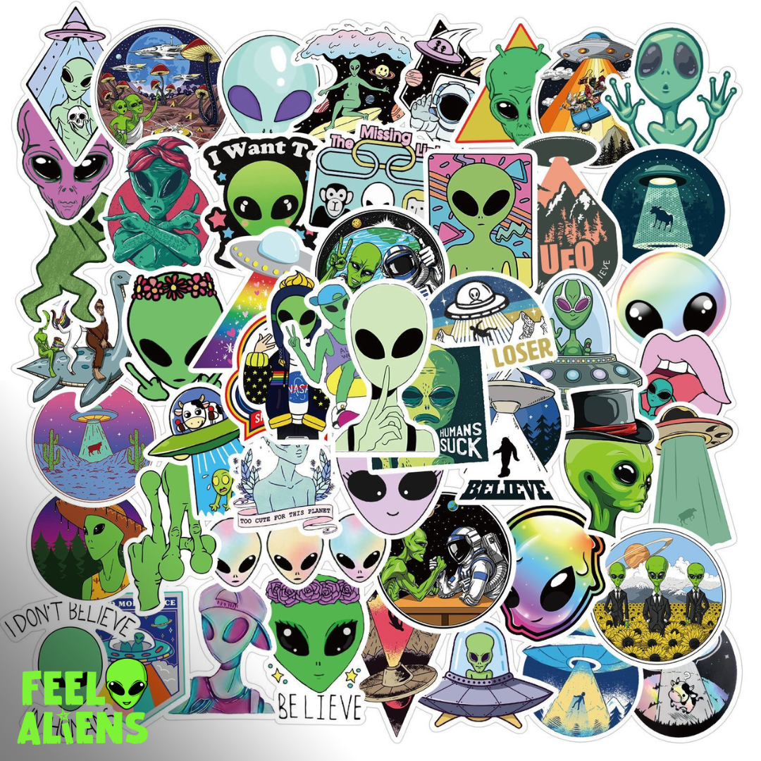 50 Alien UFO Stickers: Waterproof, No Glue Residue, For All