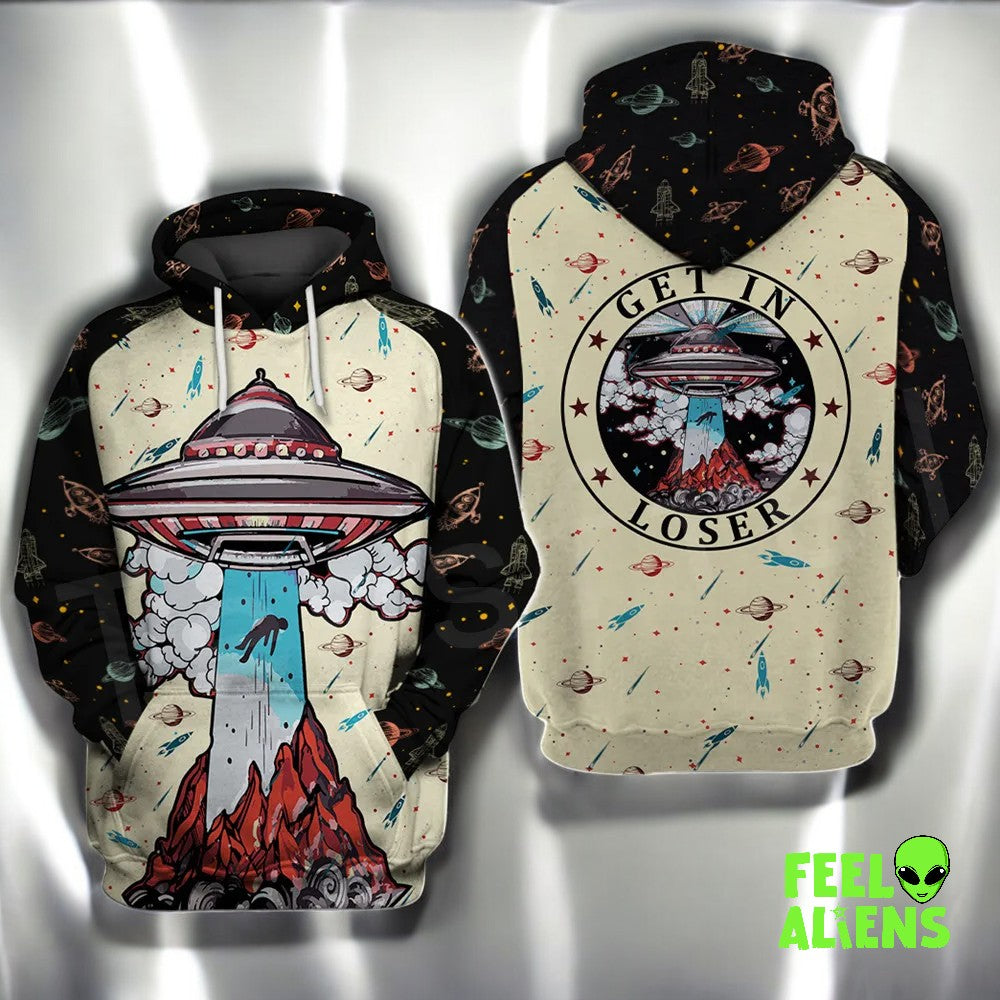 Get In Loser UFO Hoodie - Alien Abduction Graphic Pullover