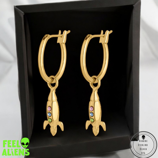 Gold UFO Alien Earrings – Sterling Silver with Zircon 