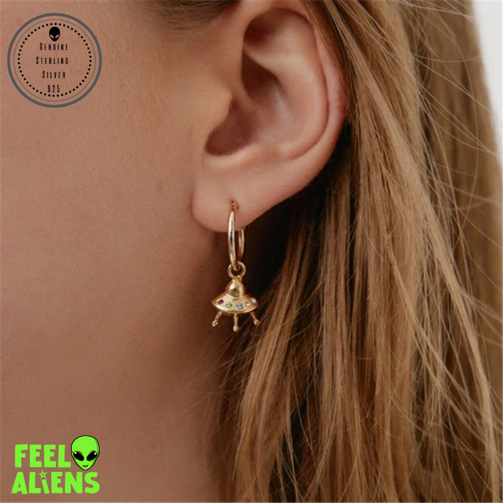 Gold UFO Alien Earrings – Sterling Silver with Zircon