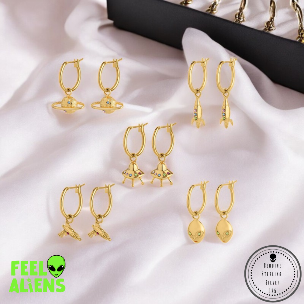 Gold UFO Alien Earrings – Sterling Silver with Zircon