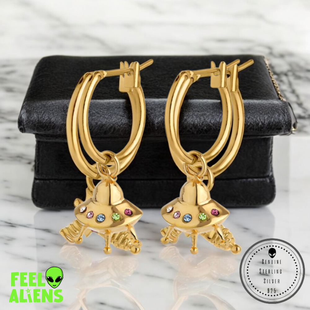 Gold UFO Alien Earrings – Sterling Silver with Zircon