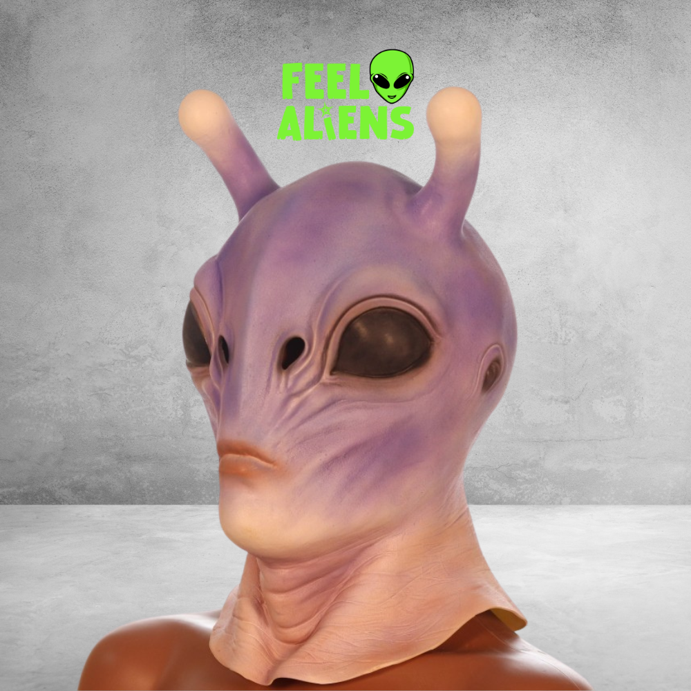 Purple Alien Latex Mask with Antennas - Realistic Sci-Fi Costume for Adults