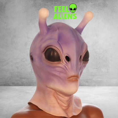 Purple Alien Latex Mask with Antennas - Realistic Sci-Fi Costume for Adults